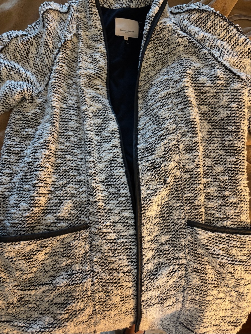 Rebecca Taylor Black and White Bouclé Open-Front Jacket
